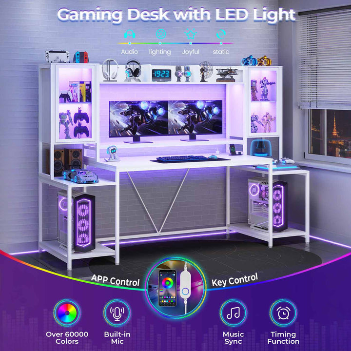 SEDETA® 74.8 Inch LED Ergonomic Gaming Desk Computer Table with Hutch and Storage Shelves