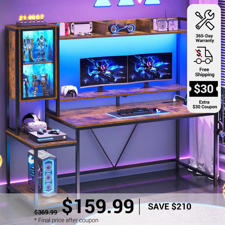 SEDETA 60 Inch Gaming Desk with Hutch and LED Lights