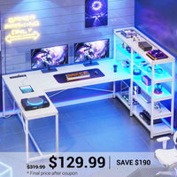 SEDETA® 64.5 Inch L Shaped LED Gaming Desk Reversible Corner Computer Table with Bookshelf