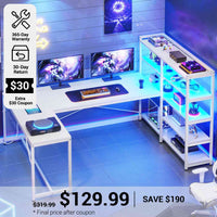 SEDETA® 64.5 Inch L Shaped LED Gaming Desk Reversible Corner Computer Table with Bookshelf