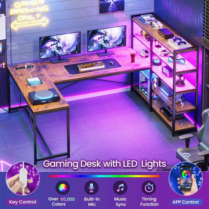 SEDETA® 64.5 Inch LED L Shaped Gaming Desk Reversible Corner Computer Table with Bookshelf