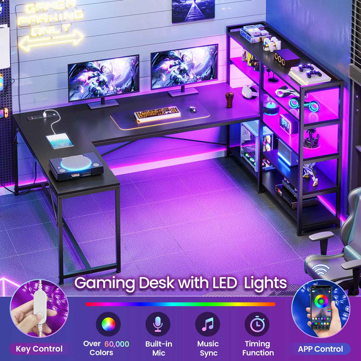 SEDETA® 64.5 Inch LED L Shaped Gaming Desk Reversible Corner Computer Table with Bookshelf