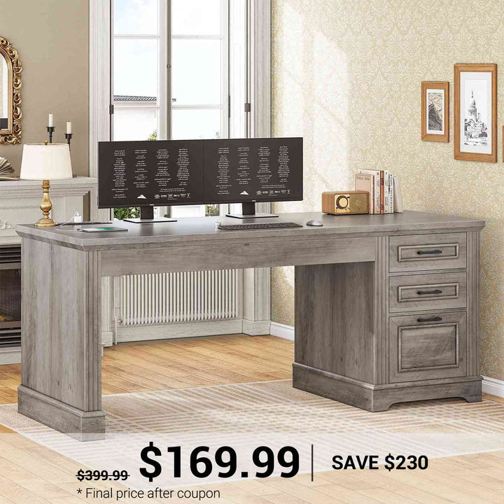 SEDETA | 55 Inch Farmhouse Executive Computer Desk with Storage Drawers