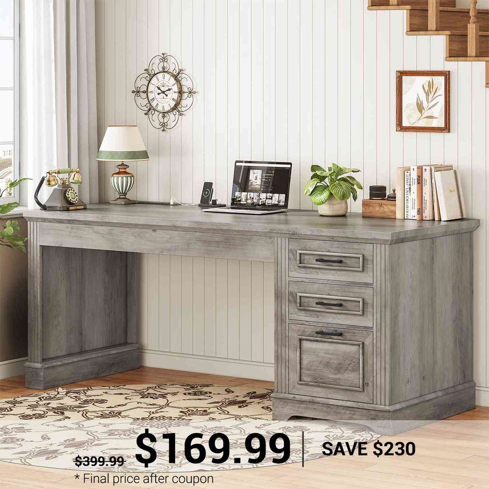 SEDETA | 55 Inch Farmhouse Executive Computer Desk with Storage Drawers