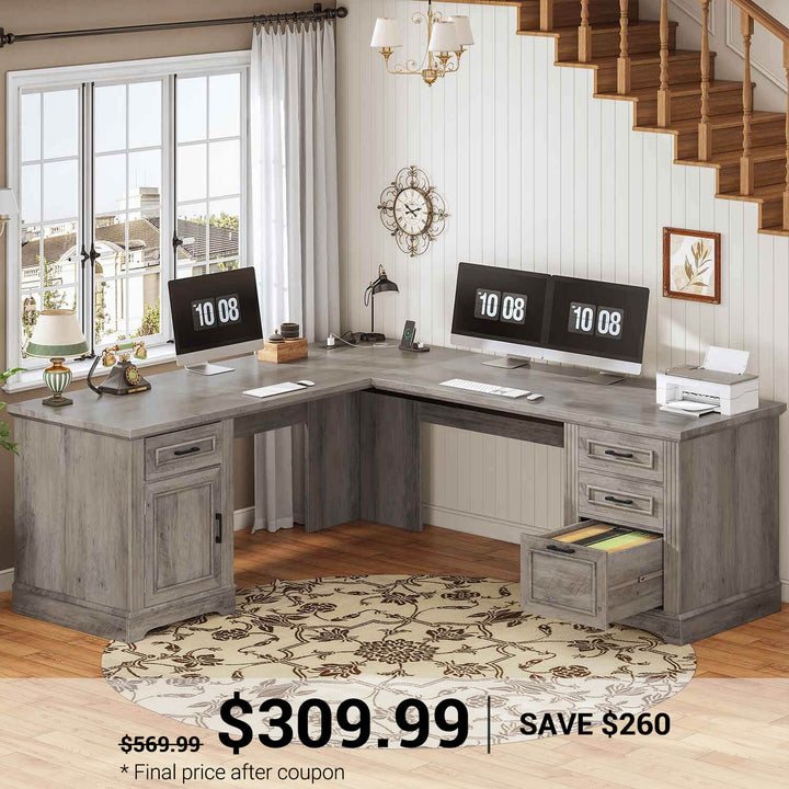 SEDETA® 69 Inch Farmhouse Executive L Shaped Desk Corner Computer Desk with Drawers and Storage Cabinet Power Outlet