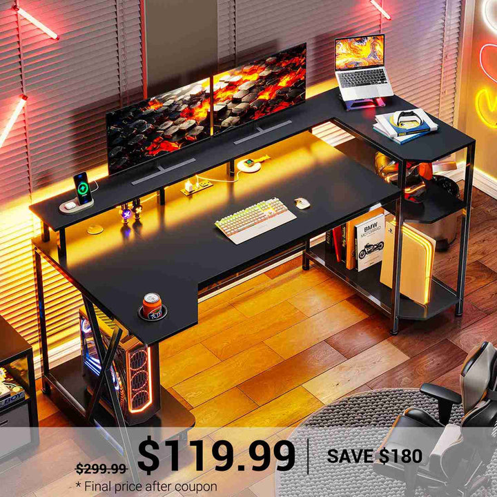 SEDETA | 55 Inch Large PC Gaming Desk with LED Lights and Storage Shelves