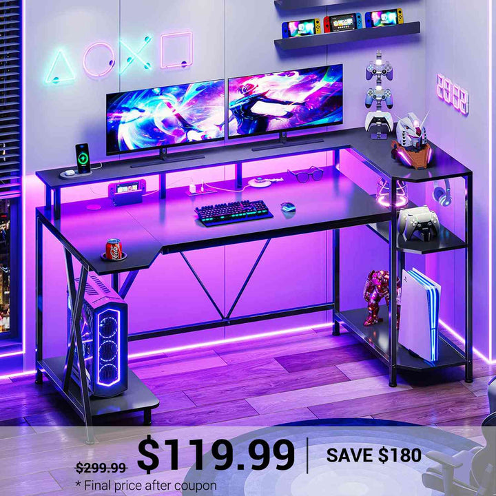 SEDETA | 55 Inch Large PC Gaming Desk with LED Lights and Storage Shelves