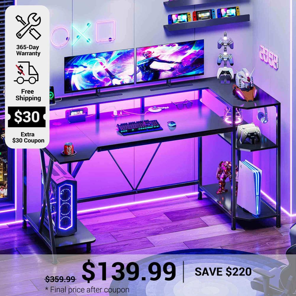 SEDETA 55 Inch Gaming Desk  with LED Lights and Storage Shelves for Bedroom and Living Room