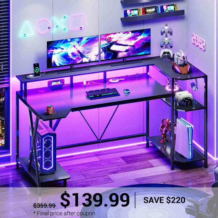 SEDETA 55 Inch Gaming Desk  with LED Lights and Storage Shelves for Bedroom and Living Room