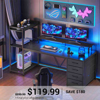 SEDETA | 59 Inch LED Ergonomic Gaming Desk Computer Table Home Office with Storage Drawers Shelves