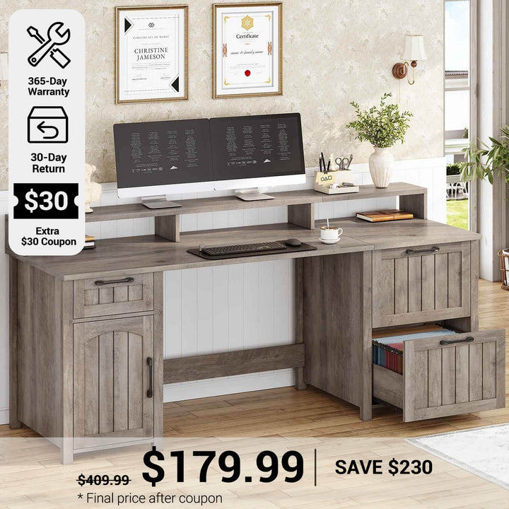 SEDETA® 63 Inch Farmhouse Executive Desk Computer Desk with Drawers and Storage Cabinet