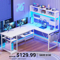 SEDETA® 57.5 Inch L Shaped Gaming Desk Reversible LED Computer Table with Pegboard Hutch