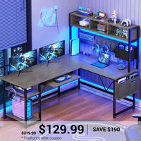 SEDETA® 57.5 Inch L Shaped Gaming Desk Reversible LED Computer Table with Pegboard Hutch