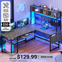 SEDETA® 57.5 Inch L Shaped Gaming Desk Reversible LED Computer Table with Pegboard Hutch