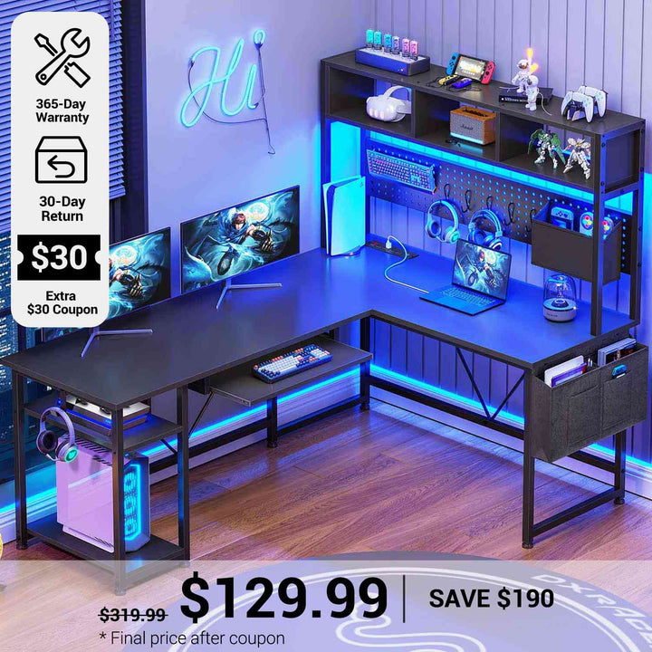 SEDETA® 57.5 Inch L Shaped Gaming Desk Reversible LED Computer Table with Pegboard Hutch