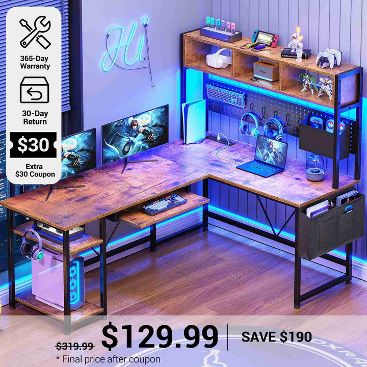 SEDETA® 57.5 Inch L Shaped Gaming Desk Reversible LED Computer Table with Pegboard Hutch