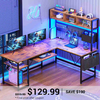 SEDETA | 57.5 Inch LED L Shaped Reversible Gaming Desk with Storage Shelves