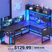 SEDETA | 57.5 Inch LED L Shaped Reversible Gaming Desk with Storage Shelves