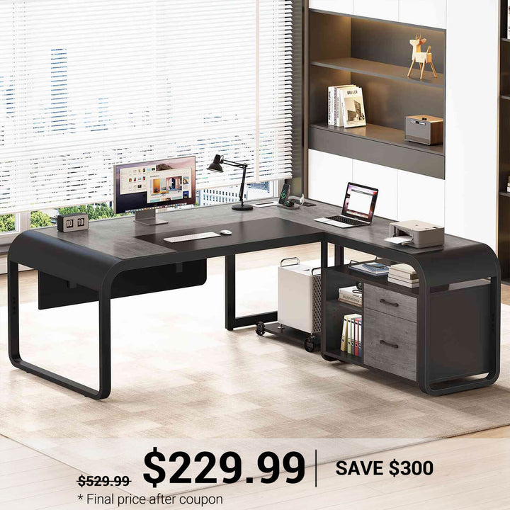 SEDETA® 63 Inch L Shaped Executive Desk with File Cabinet and Storage Drawers for Home Office