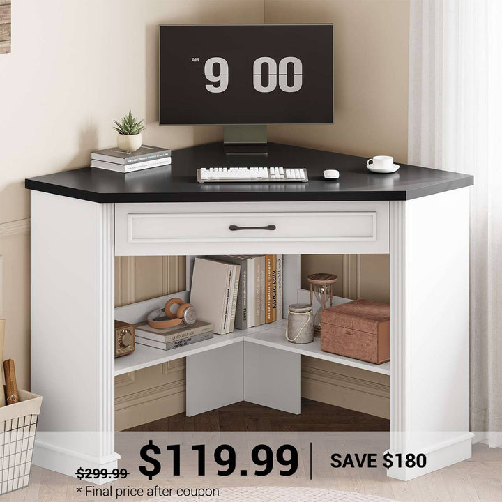 SEDETA 31.5 Inch Corner Desk Farmhouse Computer Desk with Storage Drawer Shelves for Small Space