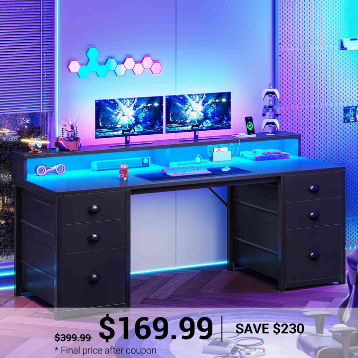 SEDETA 63 Inch Gaming Desk Computer Table with 6 Drawers and LED Lights