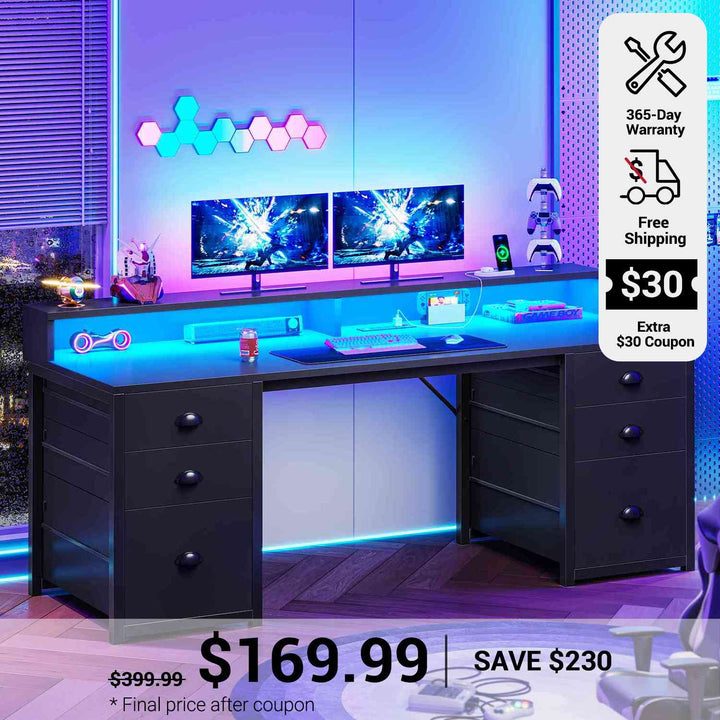 SEDETA 63 Inch Gaming Desk Computer Table with 6 Drawers and LED Lights