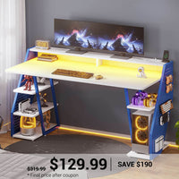 SEDETA | 55 Inch Gaming Table Computer Desk with LED Lights and Storage Shelves