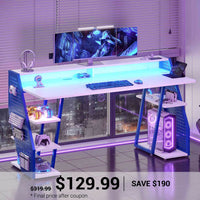 SEDETA | 55 Inch Gaming Table Computer Desk with LED Lights and Storage Shelves