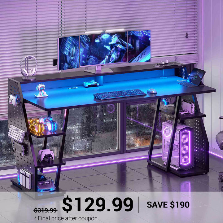 SEDETA | 55 Inch Gaming Table Computer Desk with LED Lights and Storage Shelves