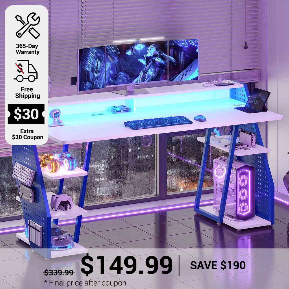 SEDETA 55 Inch LED Gaming Desk Computer Desk with Pegboard Storage Shelves Power Outlets