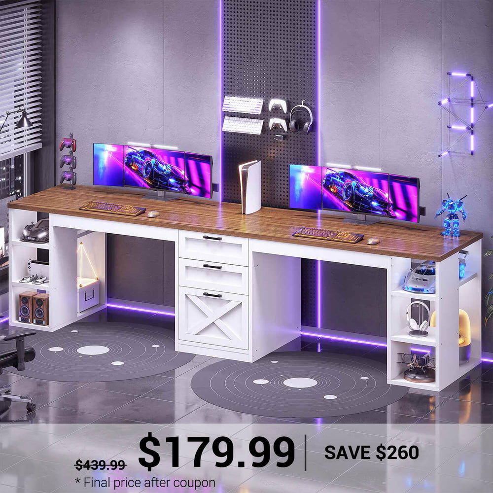 SEDETA | 96.5 Inch Farmhouse Computer Desk Gaming Double Desk with Drawers and Storage Shelves