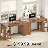 SEDETA 96.5 Inch Farmhouse Computer Desk Long Two Person Writing Desk with Drawers Storage Shelves