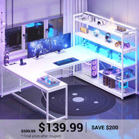 SEDETA 63 Inch Reversible Office Computer Desk L Shaped Gaming Desk with LED Lights Power Outlet 5-tier Storage Shelves