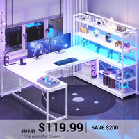 SEDETA® 63 Inch L Shaped Gaming Desk Reversible Office Computer Desk with LED Lights Power Outlet and Storage Shelves