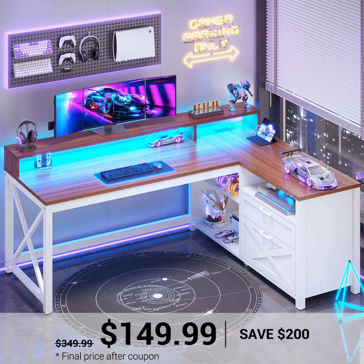 SEDETA | 55 Inch L Shaped Computer Desk Farmhouse Gaming Desk with Drawers and Storage Shelves