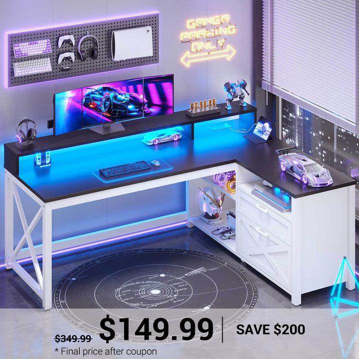 SEDETA | 55 Inch L Shaped Computer Desk Farmhouse Gaming Desk with Drawers and Storage Shelves