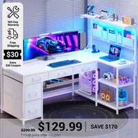 SEDETA 47.2 Inch Reversible L Shaped Gaming Desk with LED Lights and Drawers Storage Shelves