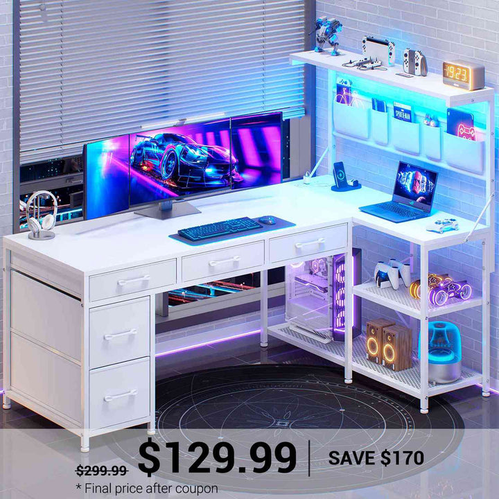 SEDETA 47.2 Inch Reversible L Shaped Gaming Desk with LED Lights and Drawers Storage Shelves