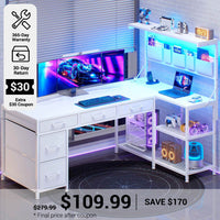 SEDETA® 47.2 Inch L Shaped LED Gaming Desk Corner Computer Desk with Power Outlet Storage Drawers Shelves and Hutch