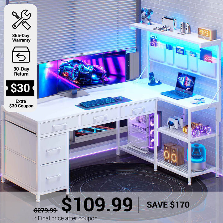 SEDETA® 47.2 Inch L Shaped LED Gaming Desk Corner Computer Desk with Power Outlet Storage Drawers Shelves and Hutch