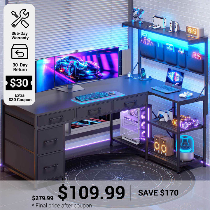 SEDETA® 47.2 Inch L Shaped LED Gaming Desk Corner Computer Desk with Power Outlet Storage Drawers Shelves and Hutch