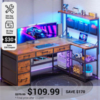 SEDETA® 47.2 Inch L Shaped LED Gaming Desk Corner Computer Desk with Power Outlet Storage Drawers Shelves and Hutch