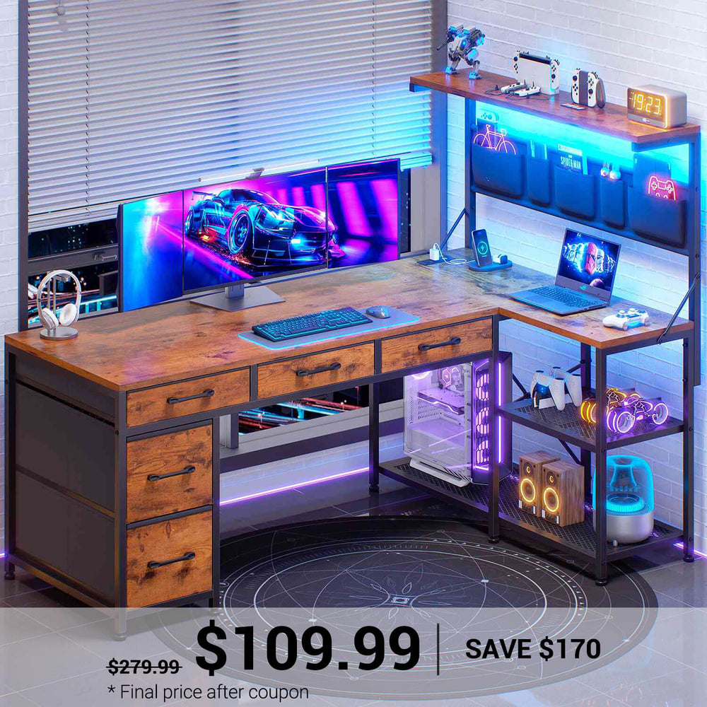 SEDETA | 47.2 Inch LED Gaming Desk Reversible L Shaped Computer Desk with Drawers Storage Shelves and Power Outlet