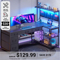 SEDETA 47.2 Inch Reversible L Shaped Gaming Desk with LED Lights and Drawers Storage Shelves