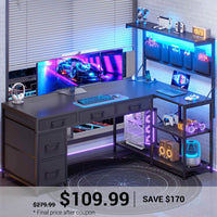 SEDETA® 47.2 Inch L Shaped LED Gaming Desk Corner Computer Desk with Power Outlet Storage Drawers Shelves and Hutch