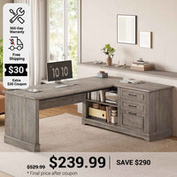 SEDETA 61 Inch Farmhouse  Executive L Shaped Desk with File Drawers Power Outlets Storage Shelves for Home Office