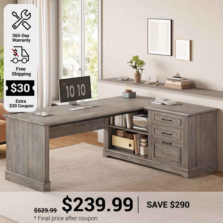 SEDETA 61 Inch Farmhouse  Executive L Shaped Desk with File Drawers Power Outlets Storage Shelves for Home Office