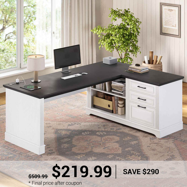 SEDETA® 61 Inch L Shaped Farmhouse Executive Computer Desk with Power Outlets File Drawers and Storage Shelves