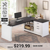 SEDETA® 61 Inch L Shaped Farmhouse Executive Computer Desk with Power Outlets File Drawers and Storage Shelves