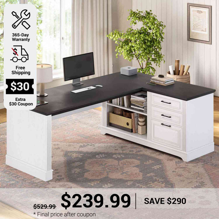 SEDETA 61 Inch Farmhouse  Executive L Shaped Desk with File Drawers Power Outlets Storage Shelves for Home Office